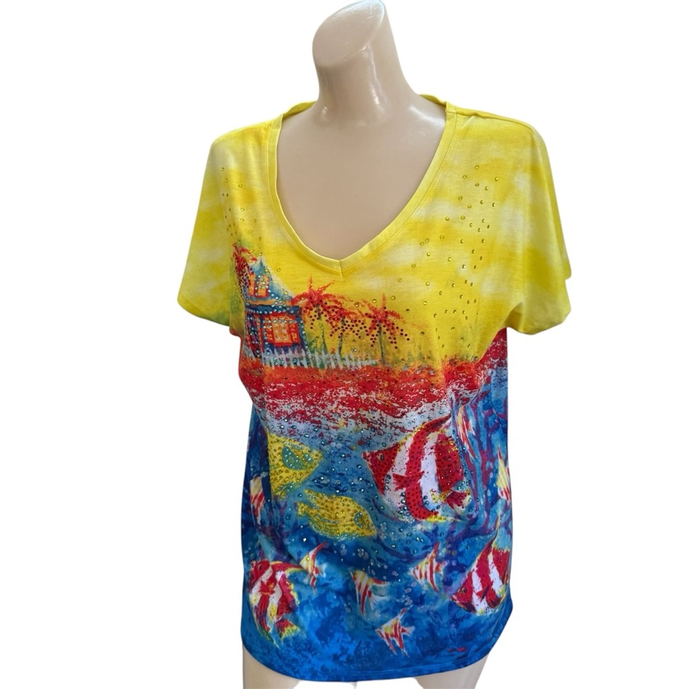 Onque Casual Element Style Womens T-Shirt Aquatic Fish Rhinestone Size S